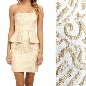 NWT LAUNDRY Shelli Segal Gold Ivory Brocade Jacquard Cocktail Peplum Dress 8 Med